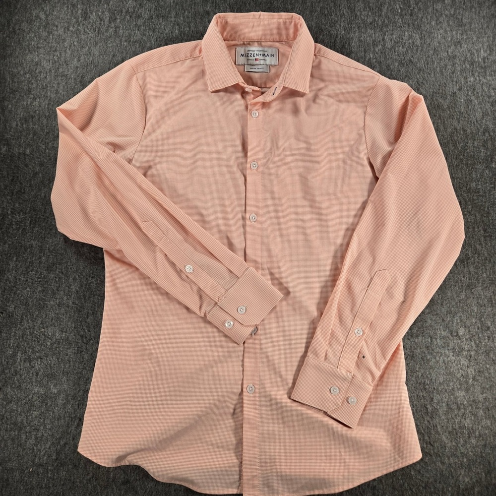 Mizzen+Main Dress Shirt Mens Medium‎ Peach Gingham Leeward Trim Fit Performance